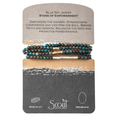 Convertible beaded necklace/wrap bracelet on a Scout branded card with text about the stone of empowerment.