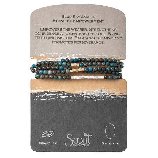 Convertible beaded necklace/wrap bracelet on a Scout branded card with text about the stone of empowerment.