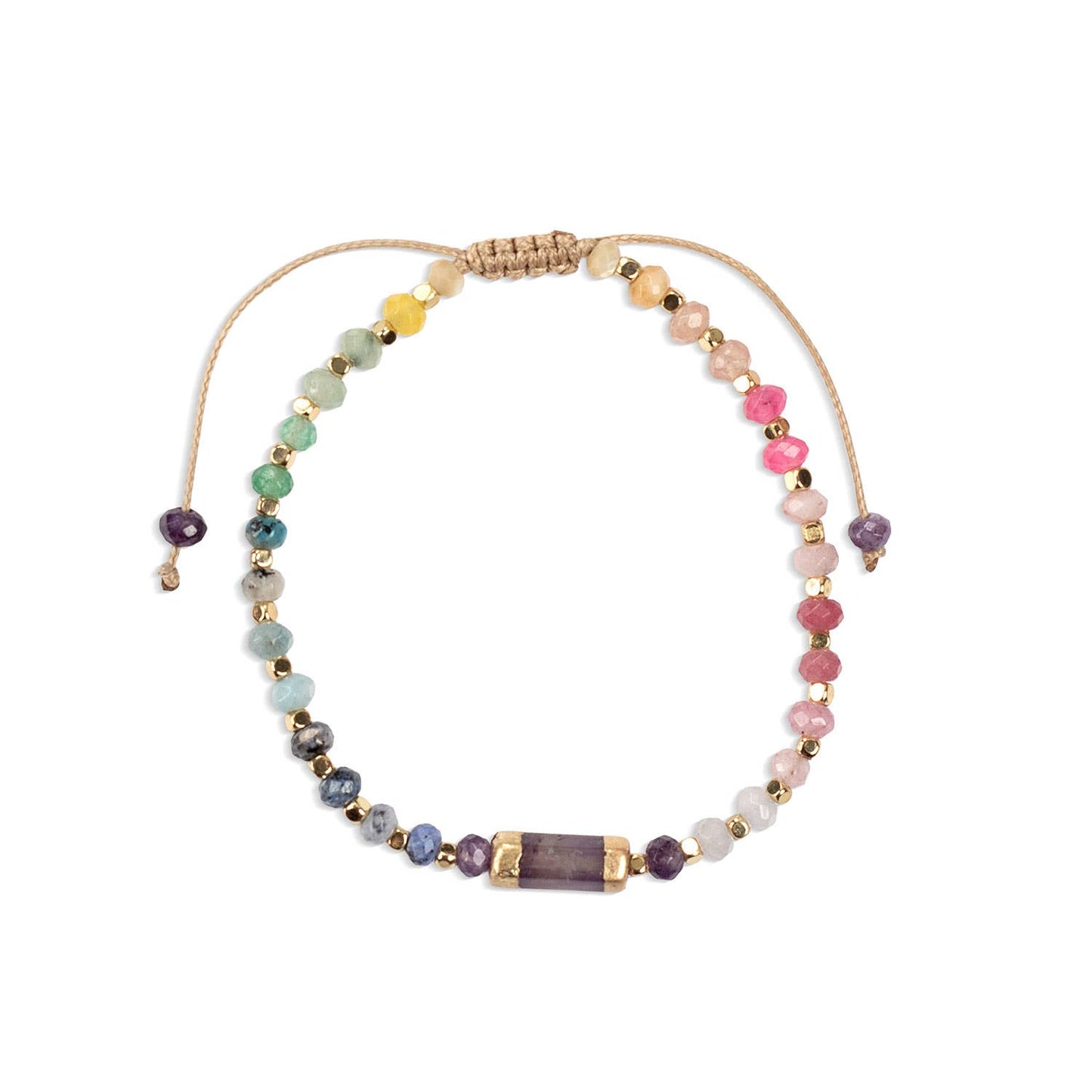 Multicolored beaded bracelet on a white background.