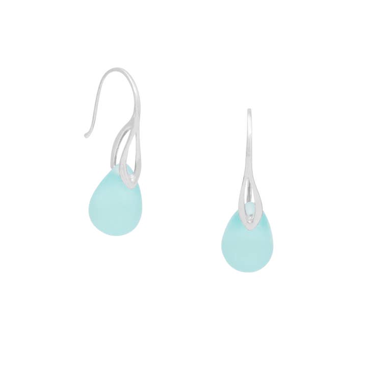 Pair of light aqua teardrop earrings with silver hooks on a white background