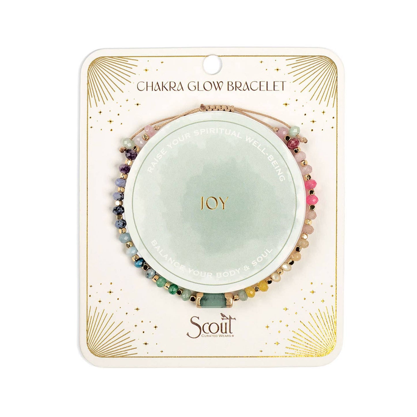 Multicolored beaded bracelet on a Scout jewelry card on a white background. All images associated with this listing show the same piece from various angles and with different styling props and packaging. 