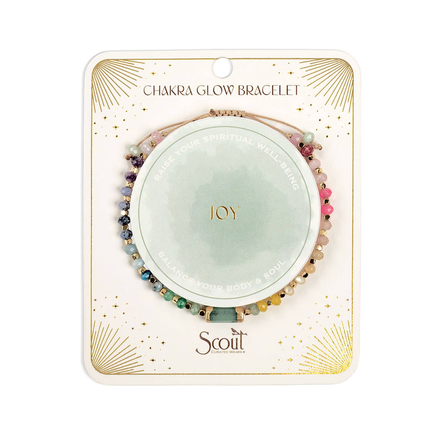 Multicolored beaded bracelet on a Scout jewelry card on a white background. All images associated with this listing show the same piece from various angles and with different styling props and packaging. 
