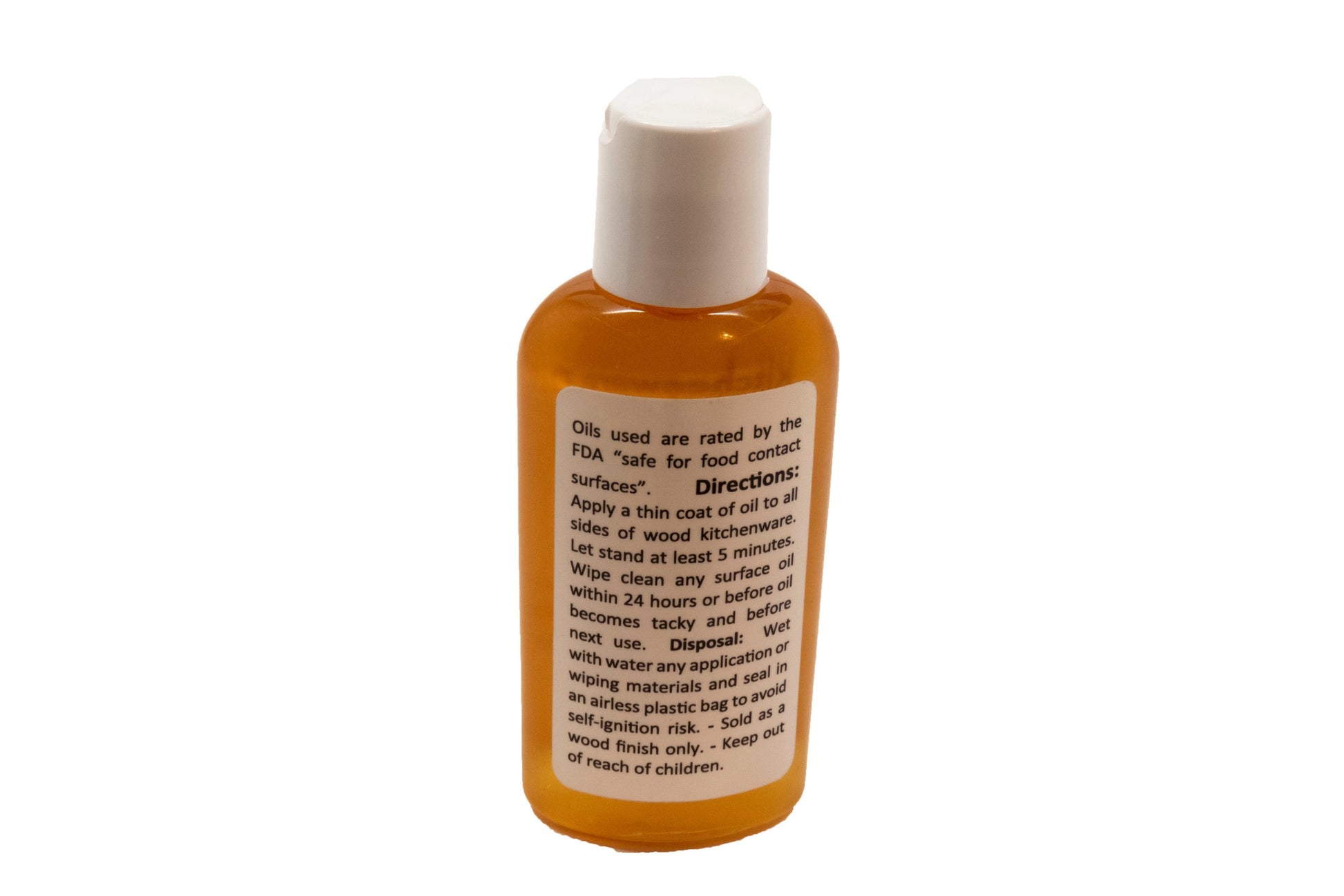 Rear view of Kitchenware Oil bottle with a white cap and label on a white background.
