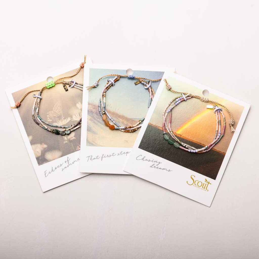 Three jewelry cards with beaded bracelets on a light gray background