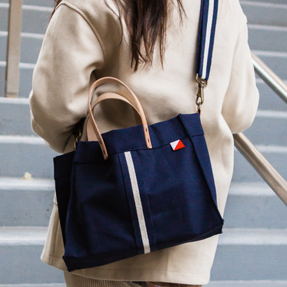 Navy Canvas Striped Box Tote Bag