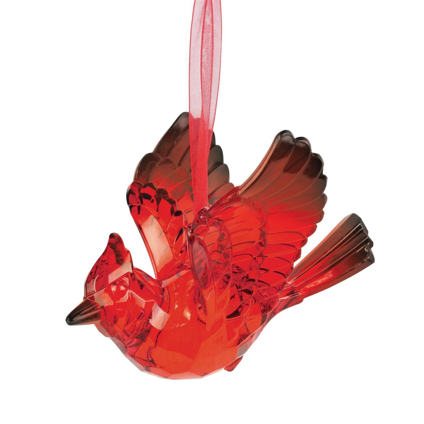Red acrylic cardinal ornament on a white background