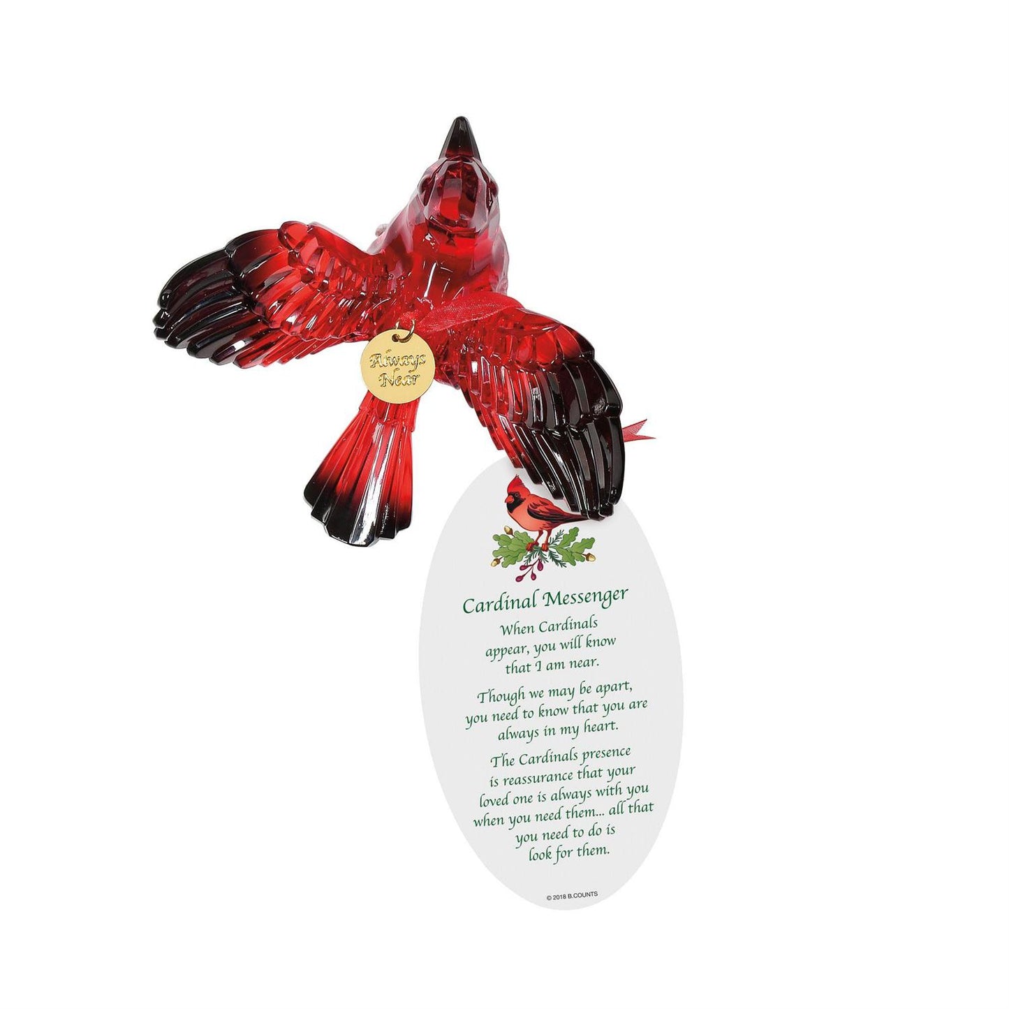 Decorative cardinal ornament with a message card on a white background