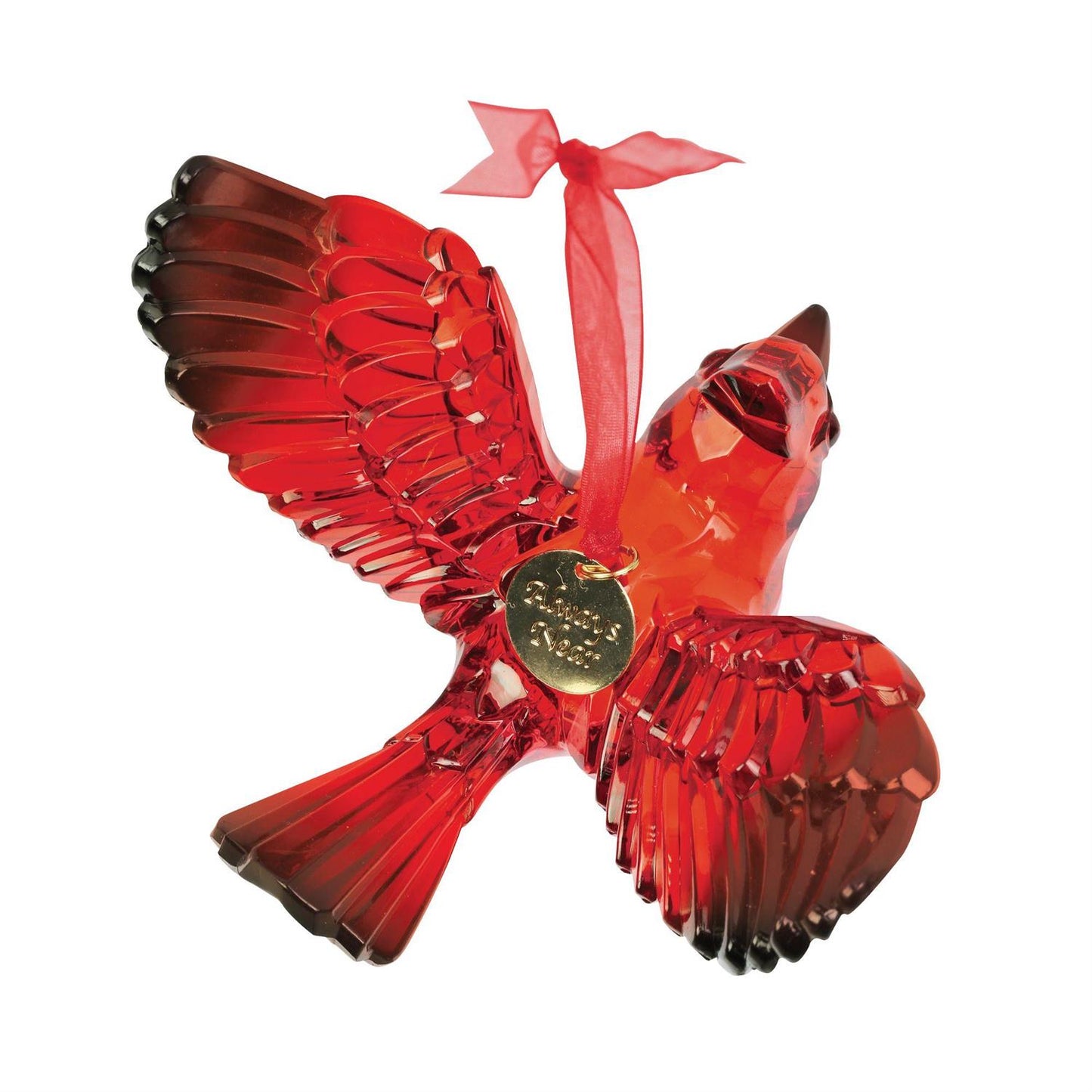 Red cardinal ornament with a gold tag on a white background