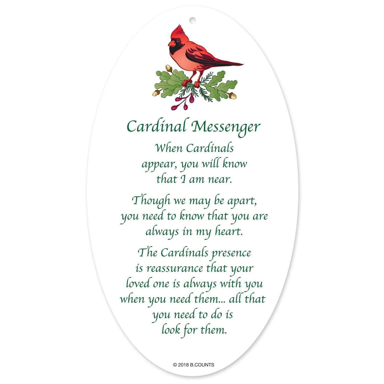 Cardinal Messenger label with cardinal illustration and text on a white background