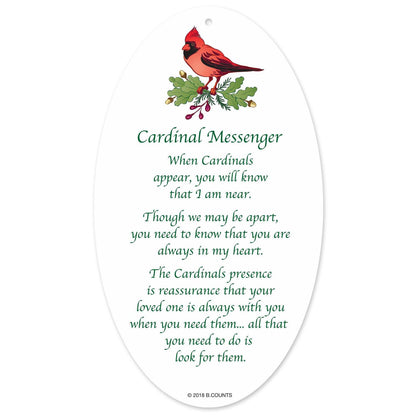 Cardinal Messenger label with cardinal illustration and text on a white background