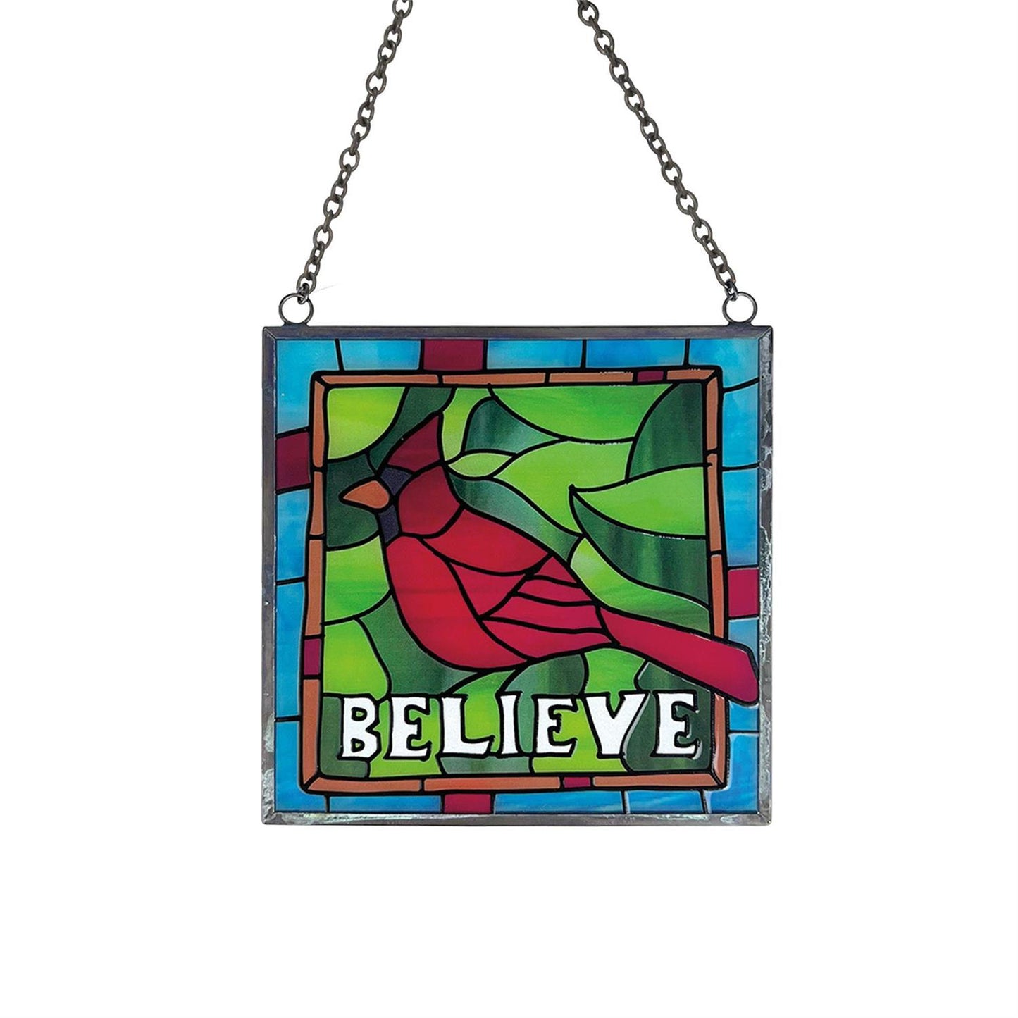 Painted glass panel with a red bird and 'BELIEVE' text on a white background