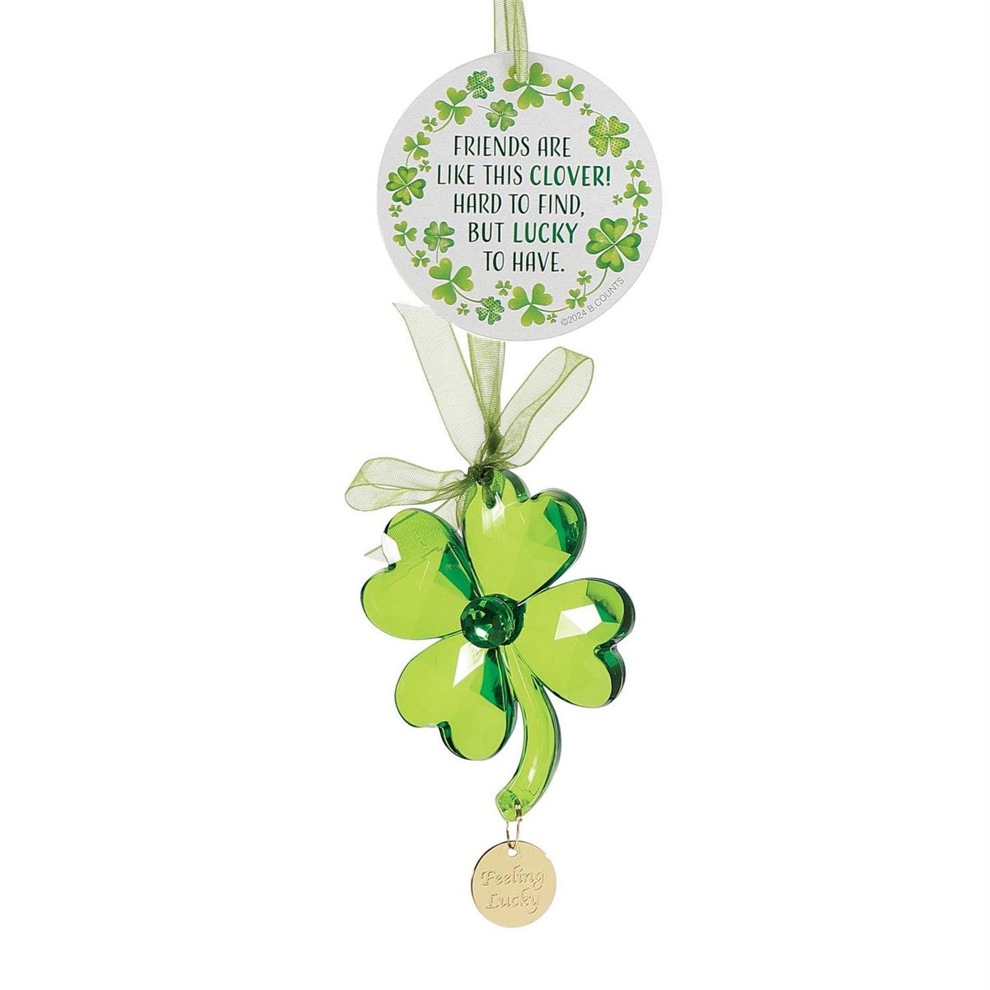 Decorative shamrock ornament with a message on a white background
