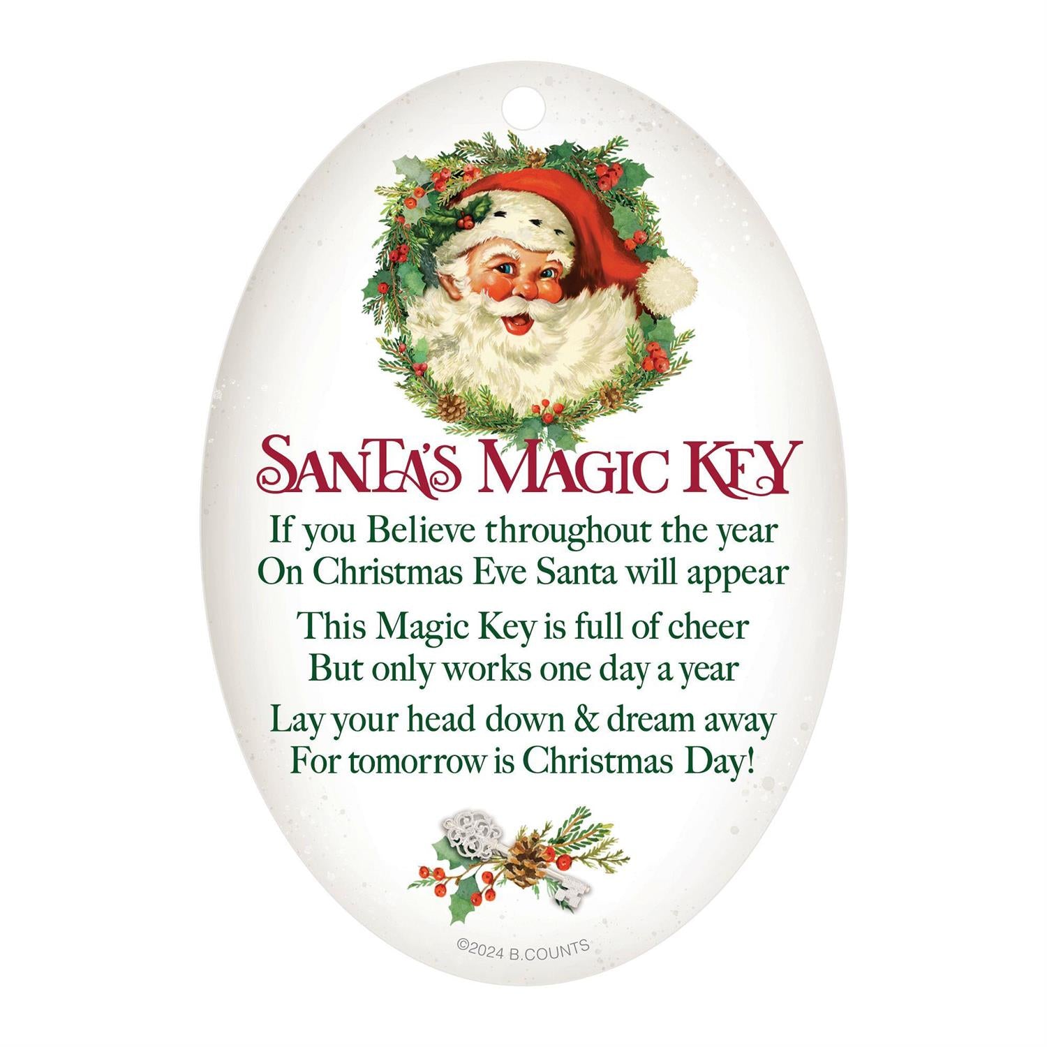 Decorative Christmas ornament tag with Santa Claus and text on a white background