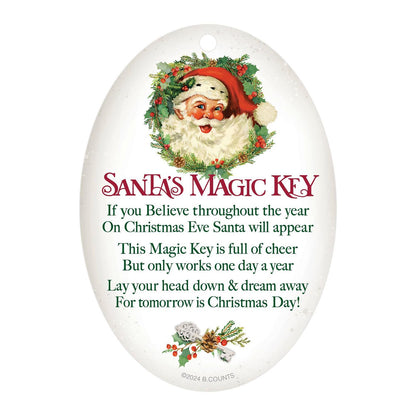 Decorative Christmas ornament tag with Santa Claus and text on a white background
