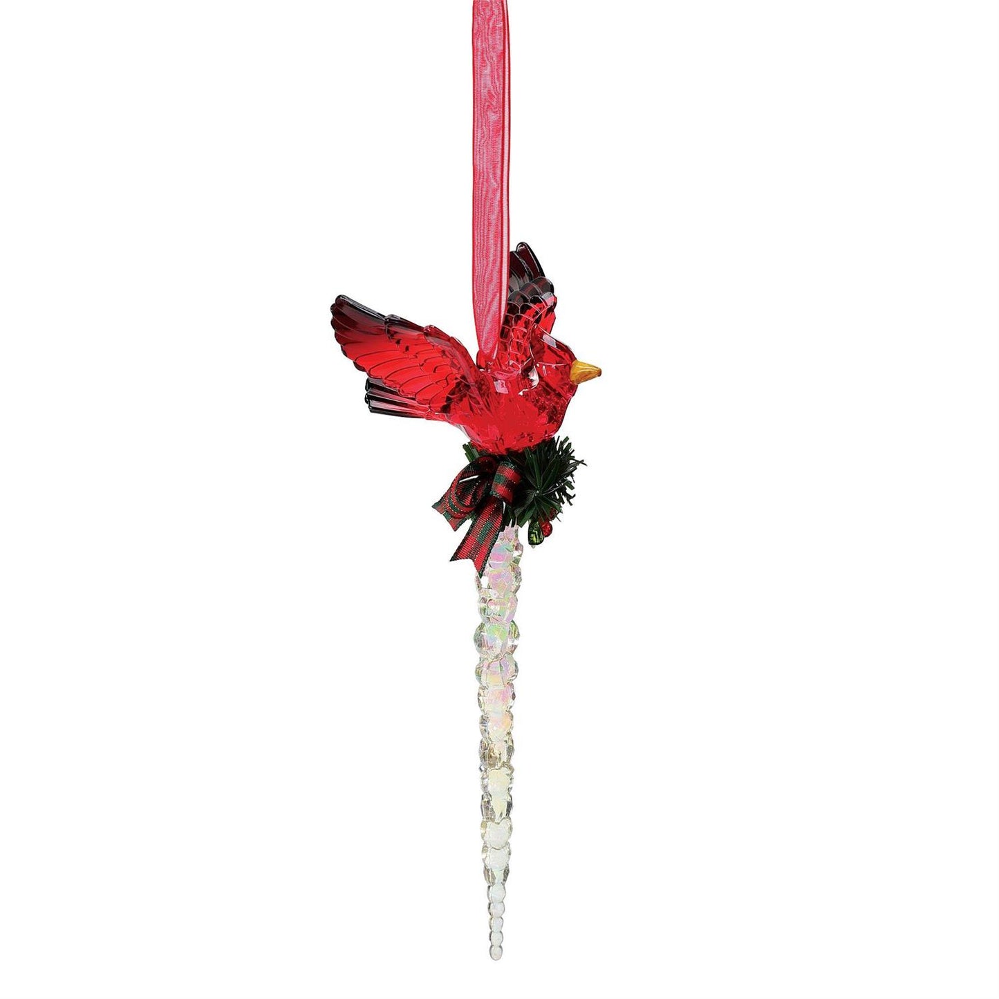 Decorative ornament with a red cardinal bird sitting on top of an icicle on a white background.