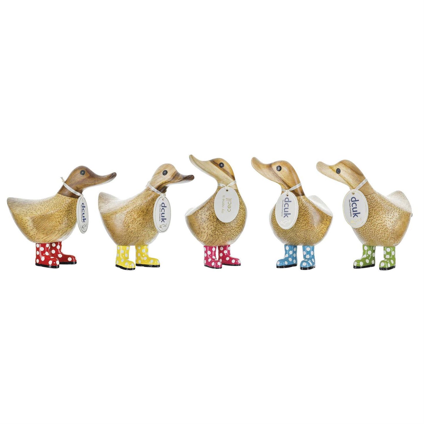 Five decorative ducks with colorful boots on a white background