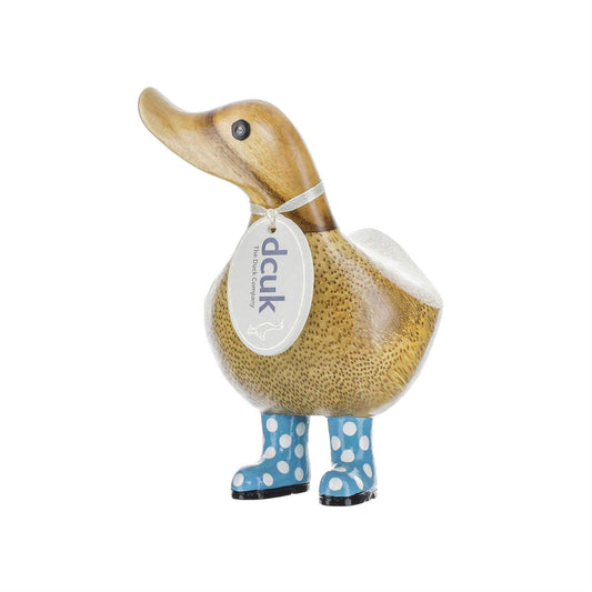 Duck figurine with blue spotted boots and with a tag labeled 'dcuk' on a white background
