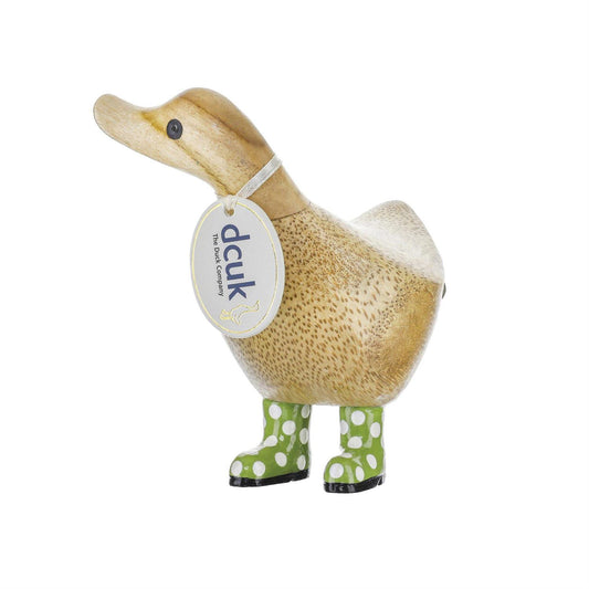 Wooden duck figurine with a tag on a white background
