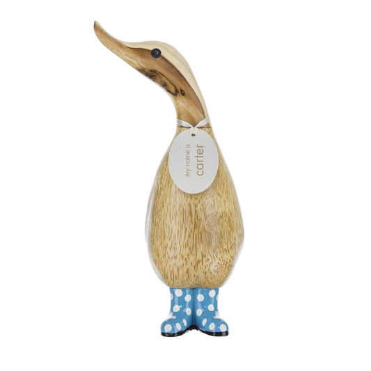 Wooden duck figurine with a tag on a white background