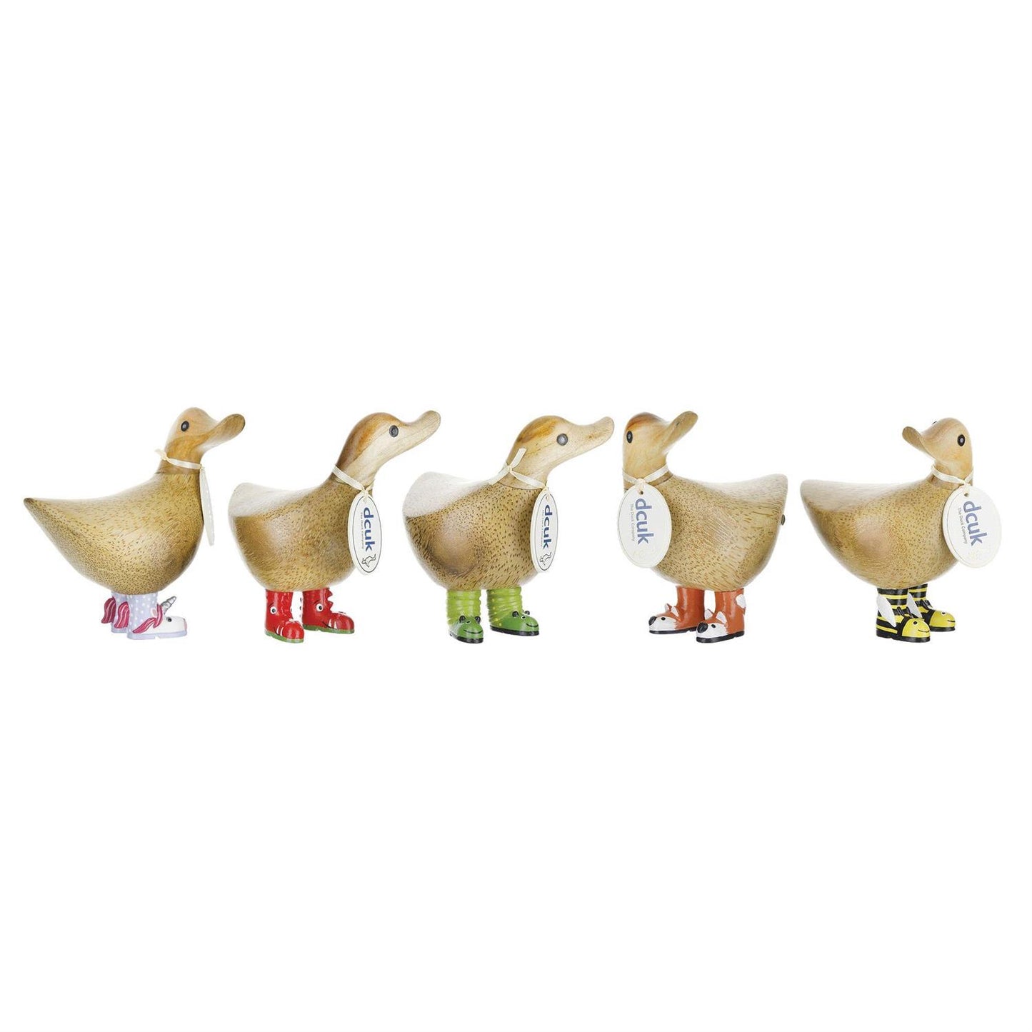 Five decorative ducks with colorful boots on a white background