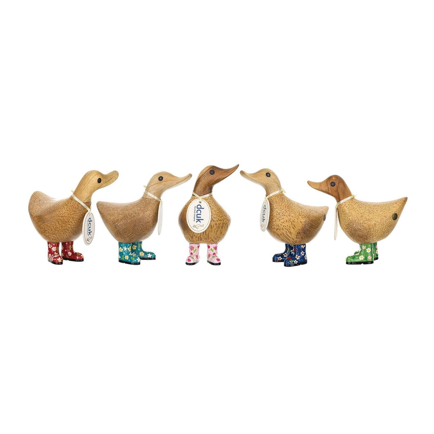 Five decorative ducks with colorful boots on a white background