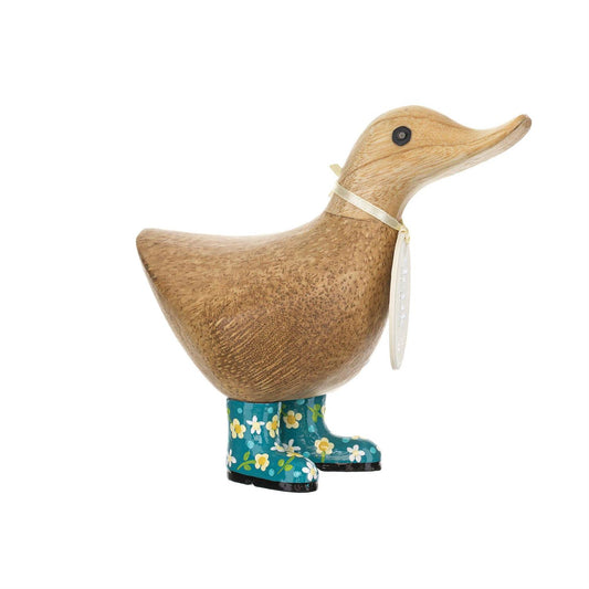 Wooden duck figurine with floral-patterned boots on a white background