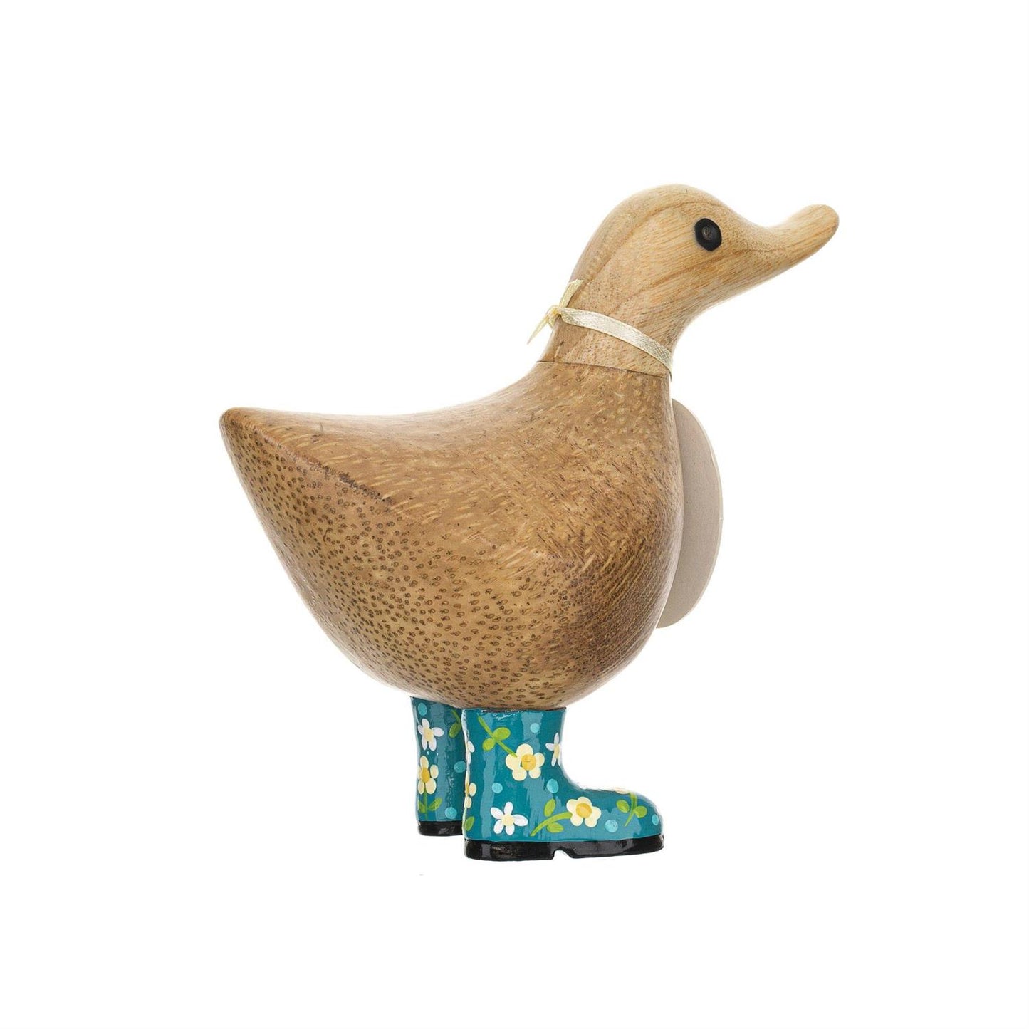 Wooden duck figure wearing blue floral rain boots on a white background
