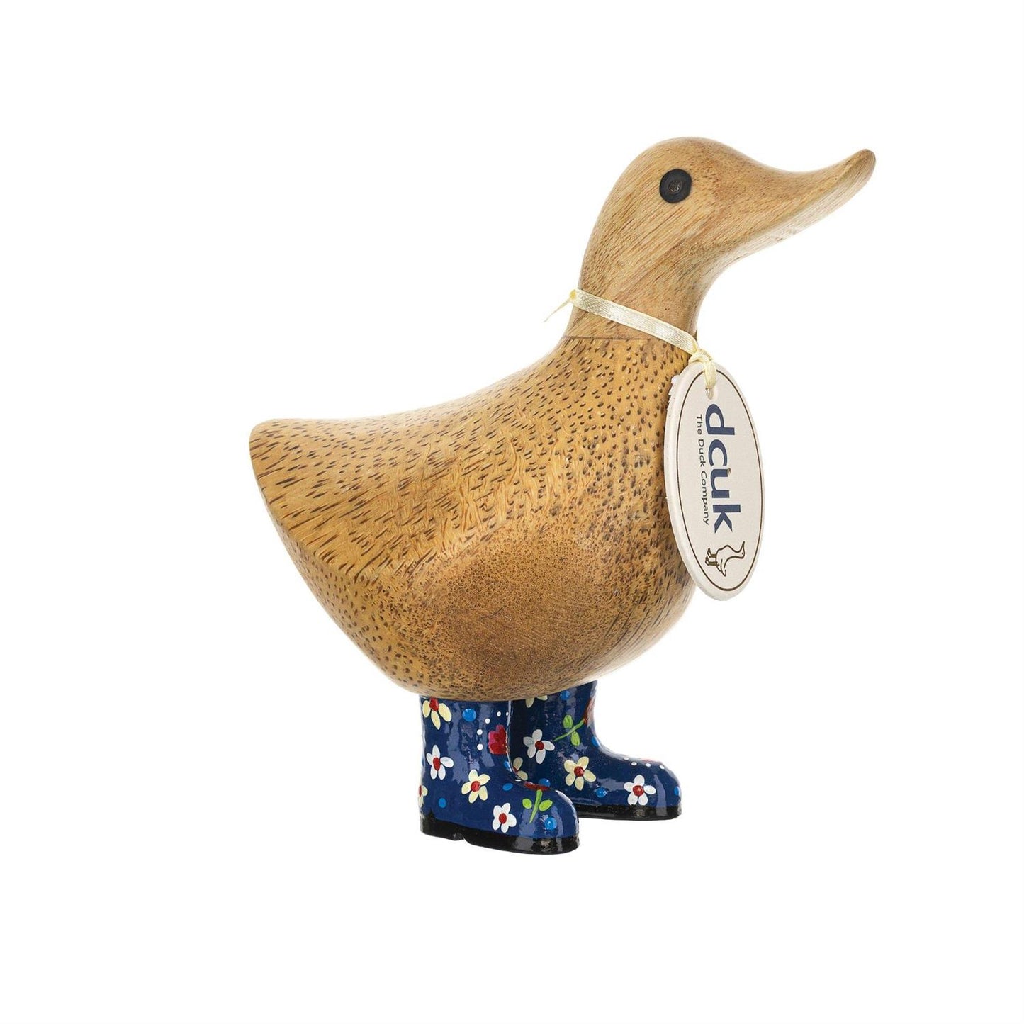 Wooden duck figurine with floral wellies and a tag on a white background