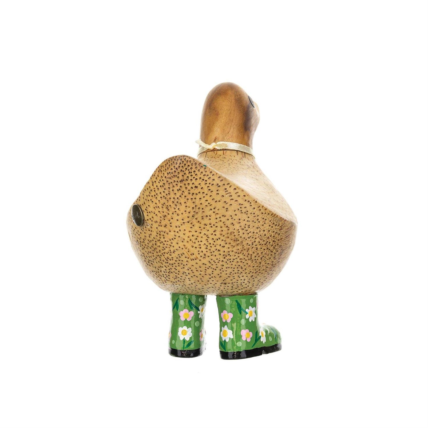 Figurine of a duck wearing green boots with floral patterns on a white background