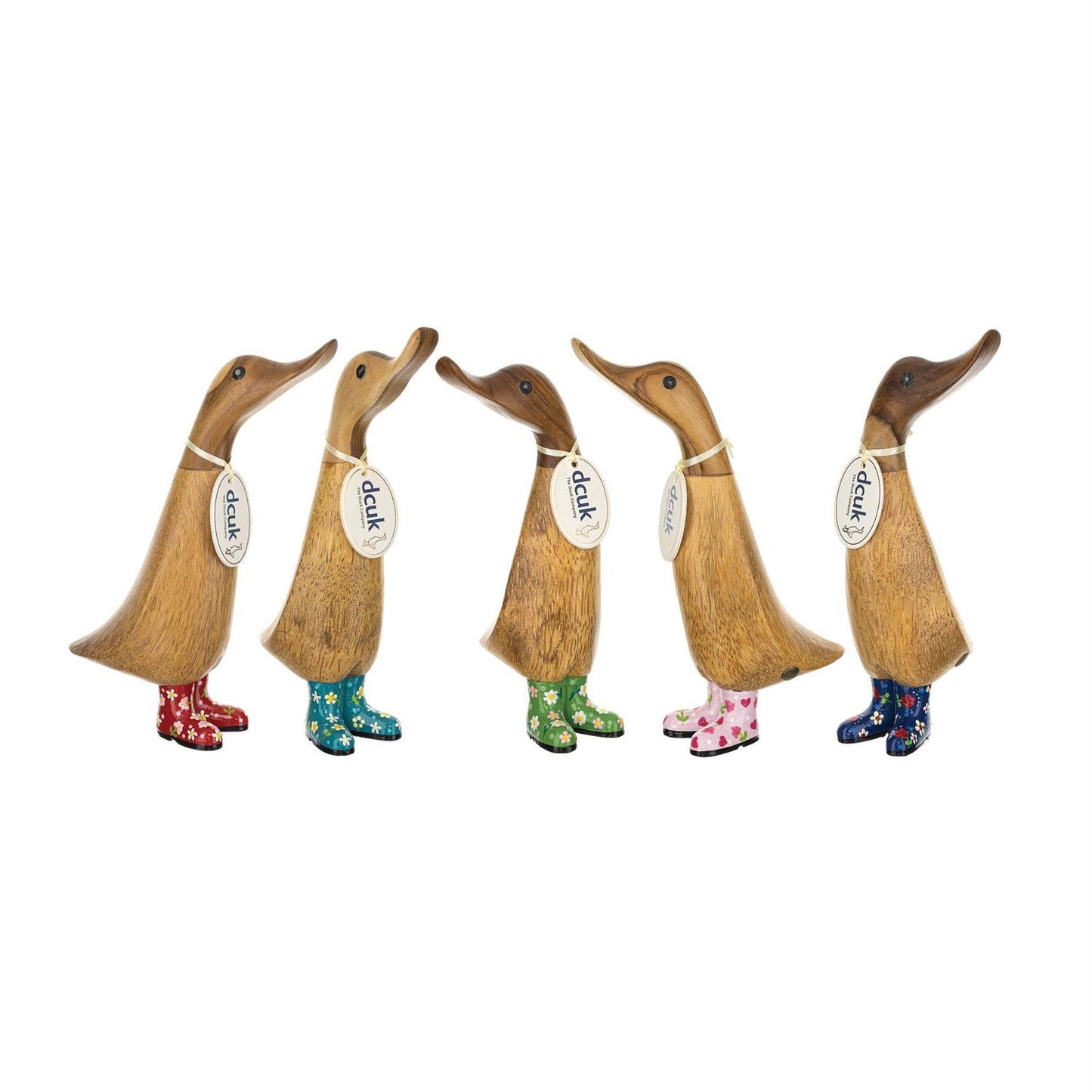 Five decorative ducks with colorful boots on a white background