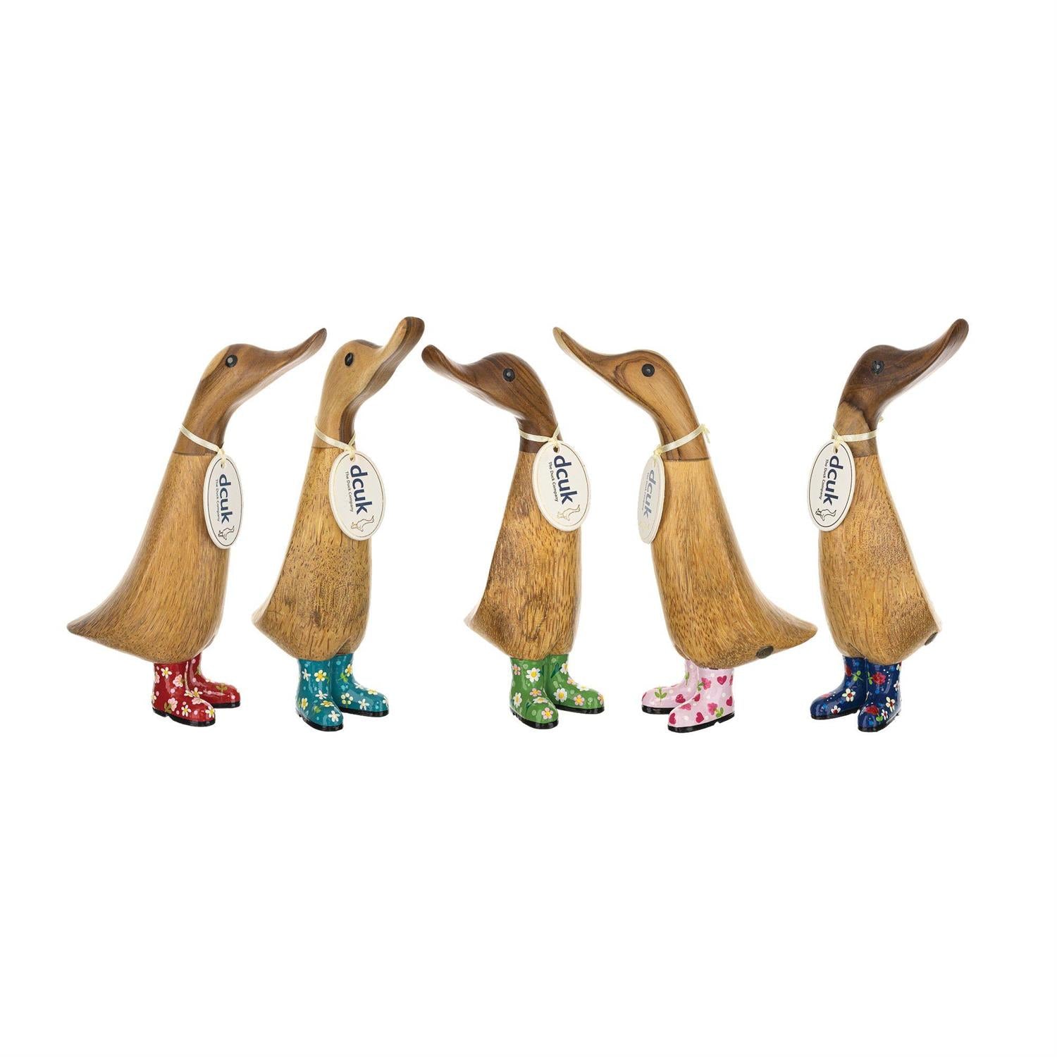 Five decorative ducks with colorful boots on a white background