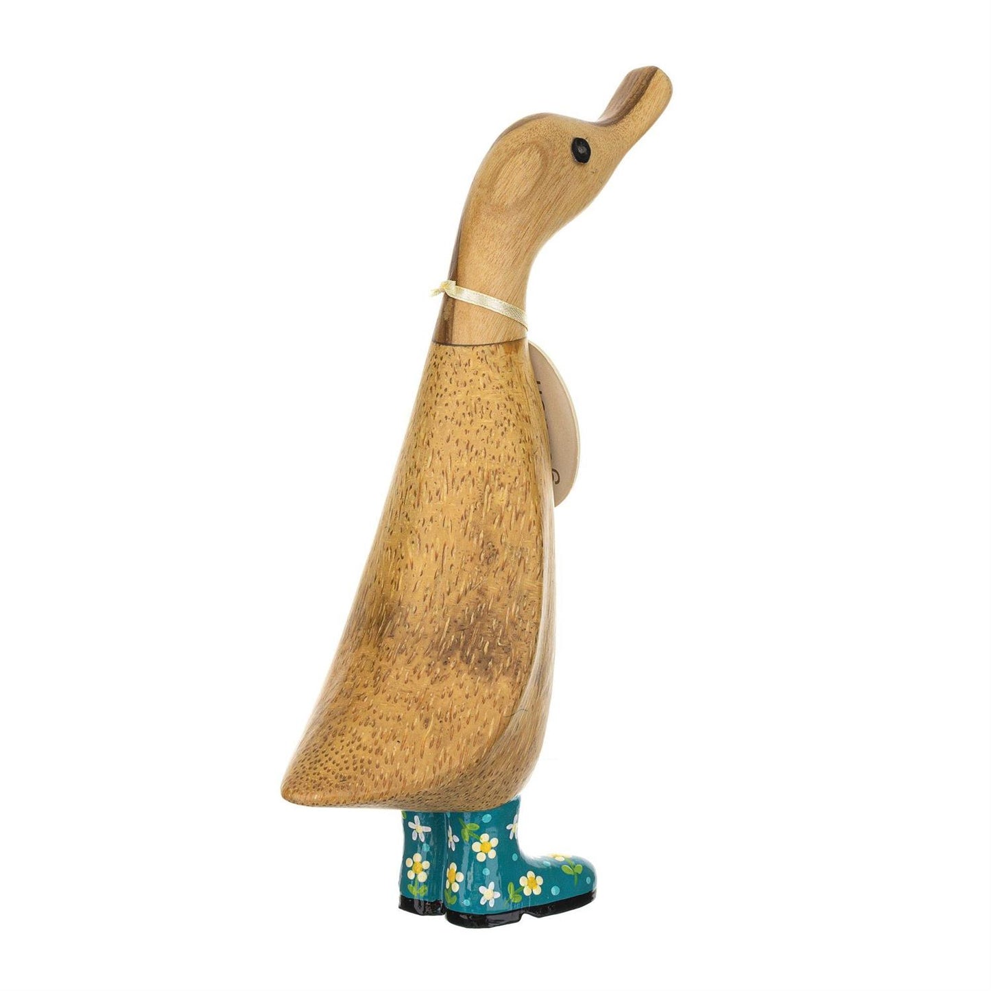 Wooden duck figurine with floral boots on a white background