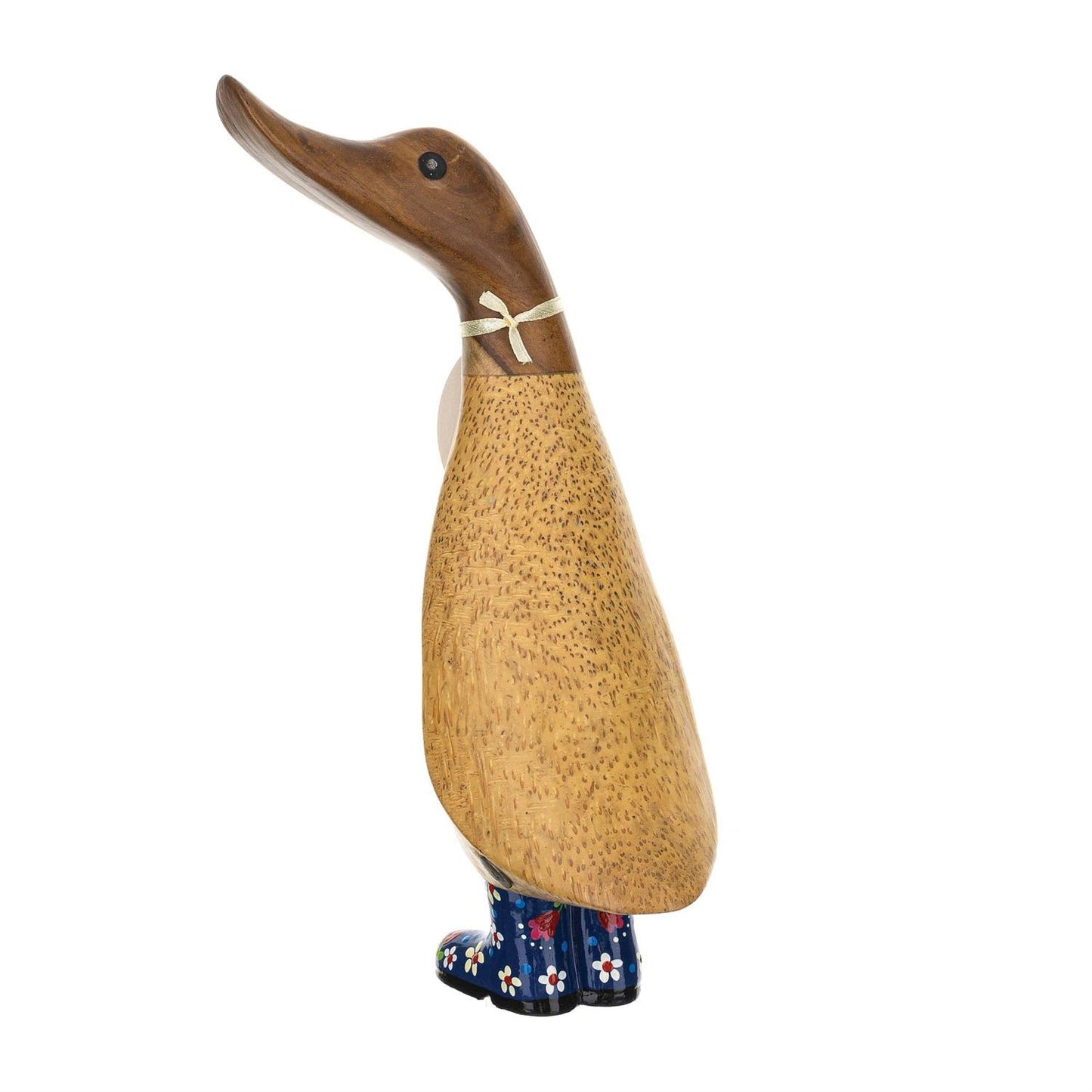 Wooden duck figurine with floral shoes on a white background