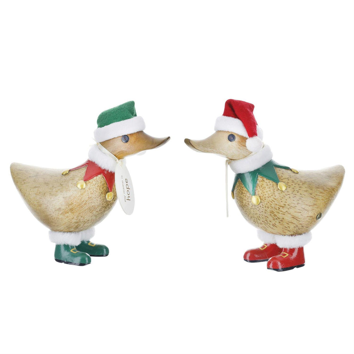 Two decorative ducks wearing Christmas hats and boots on a white background