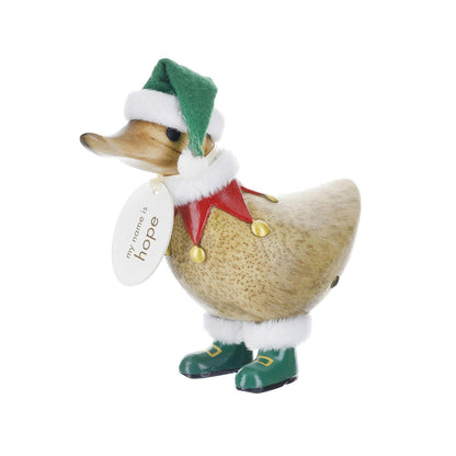 Decorative duck figurine wearing a Santa hat and boots with a 'my name is hope' tag on a white background.