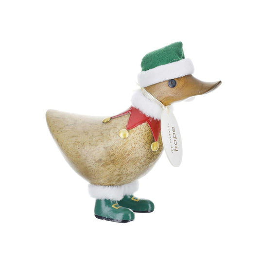 Decorative duck figurine wearing a Santa hat, red scarf, and green boots on a white background.