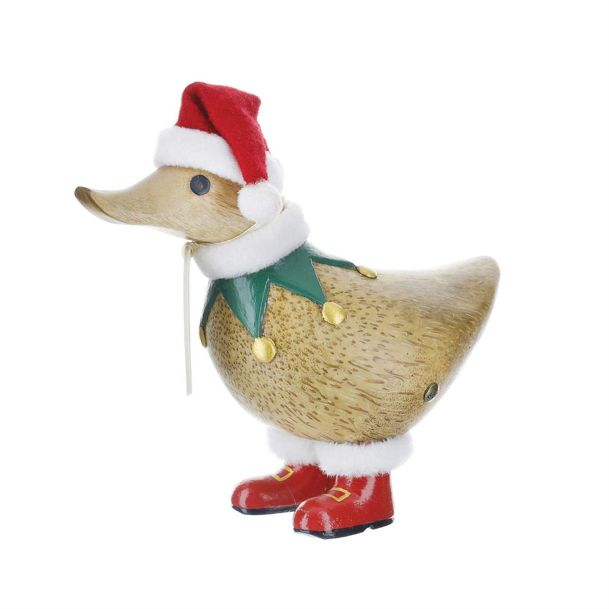 Decorative duck figurine wearing a Santa hat, green scarf, and red boots on a white background.