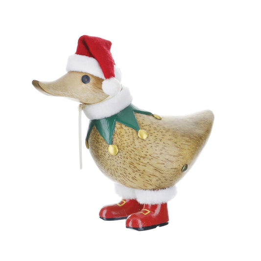 Decorative duck figurine wearing a Santa hat, green scarf, and red boots on a white background.