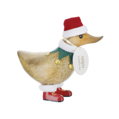 Decorative duck figurine wearing a Santa hat, green scarf, and red boots on a white background.