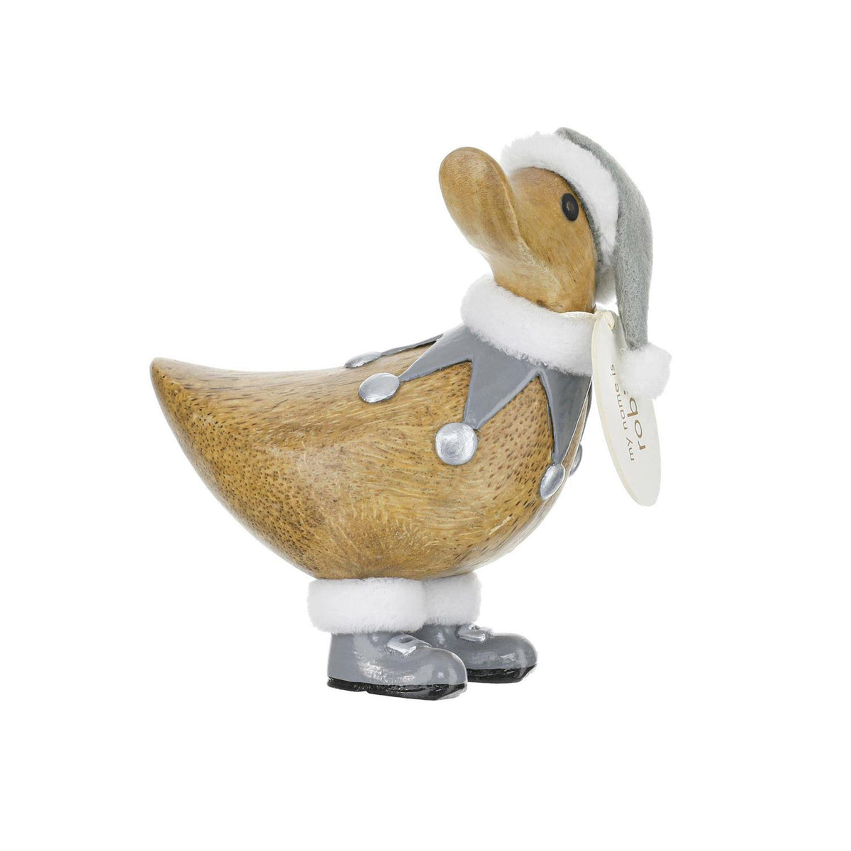 Wooden duck figurine with a gray hat and white scarf on a white background