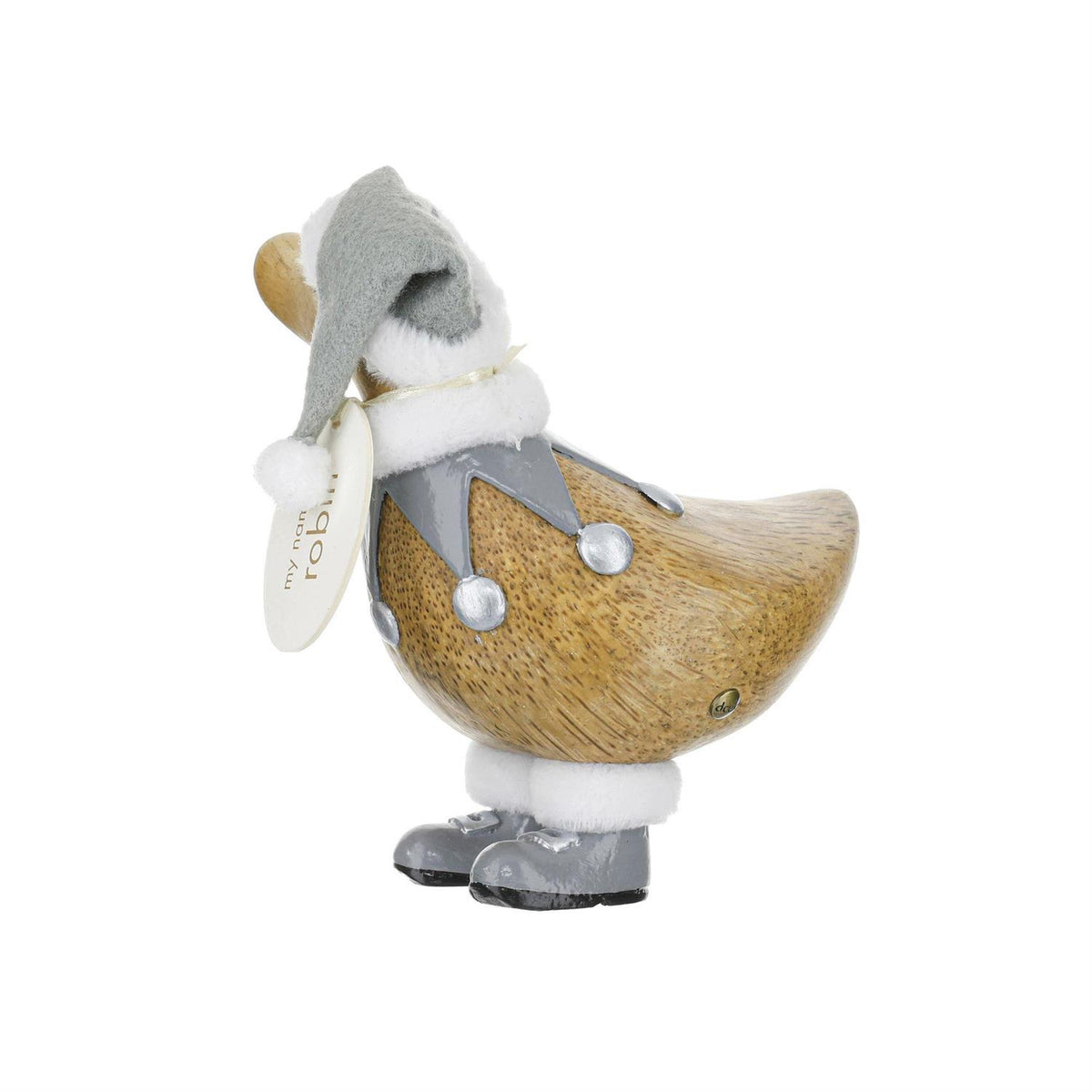 Wooden duck figurine with a gray hat on a white background