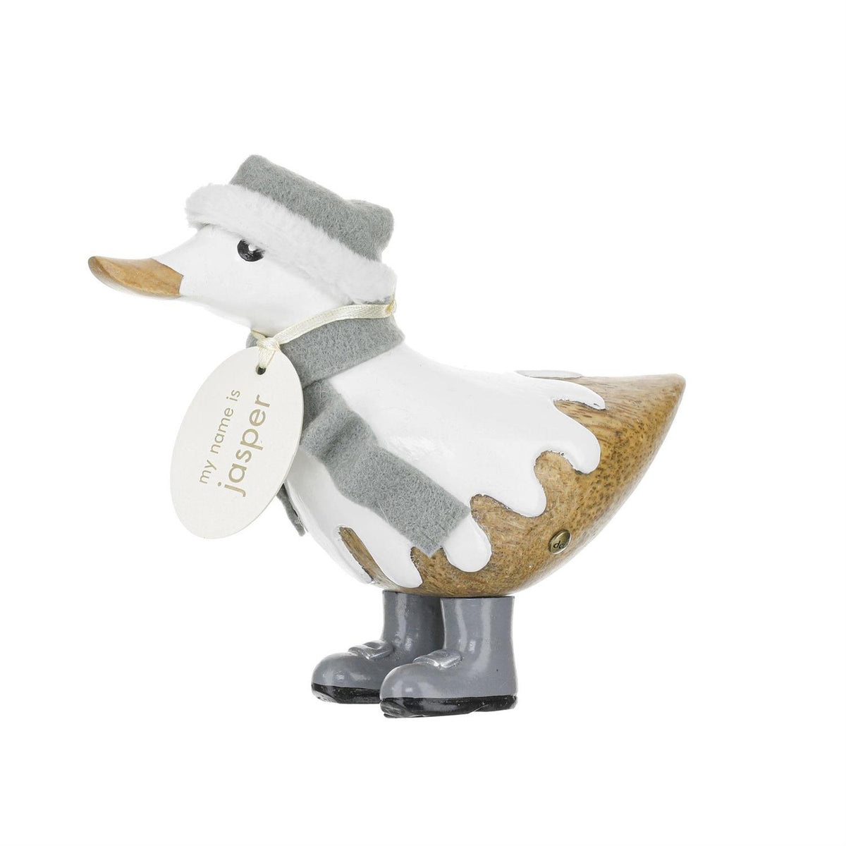 Decorative duck figurine wearing a hat, scarf, and boots on a white background