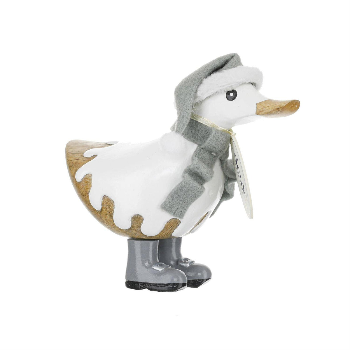 Decorative duck figurine wearing a hat, scarf, and boots on a white background
