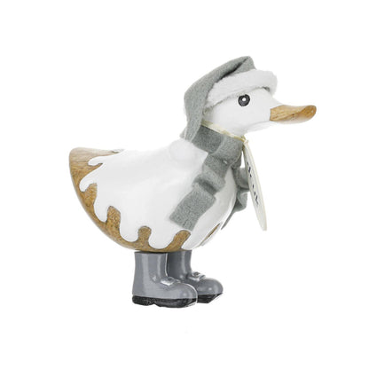 Decorative duck figurine wearing a hat, scarf, and boots on a white background