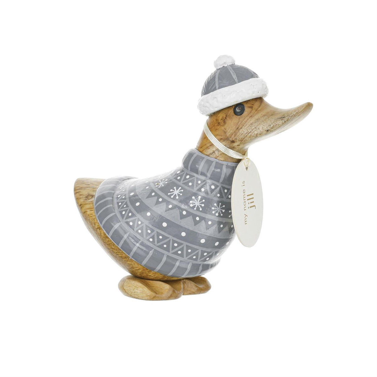Decorative duck figurine wearing a gray sweater and hat on a white background