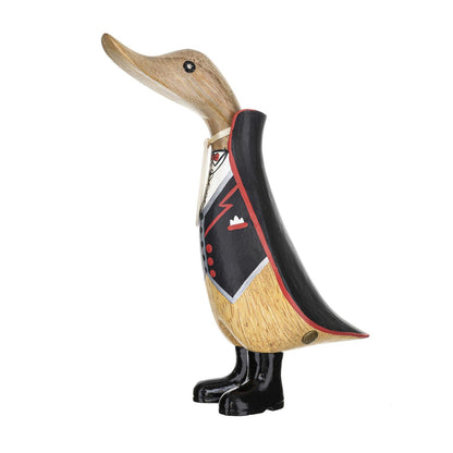 Wooden duck figurine with a black jacket on a white background