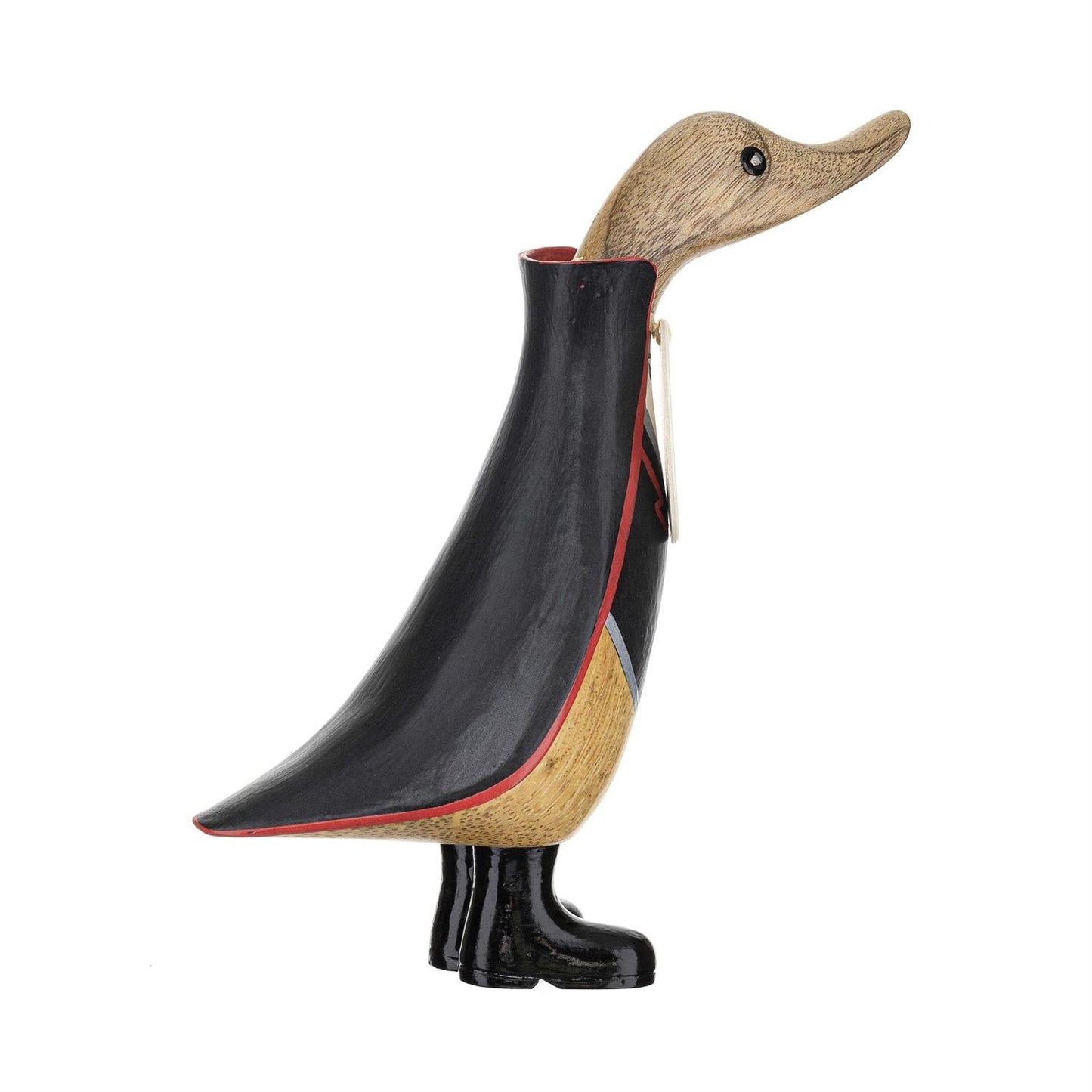 Wooden duck figurine with a black jacket on a white background