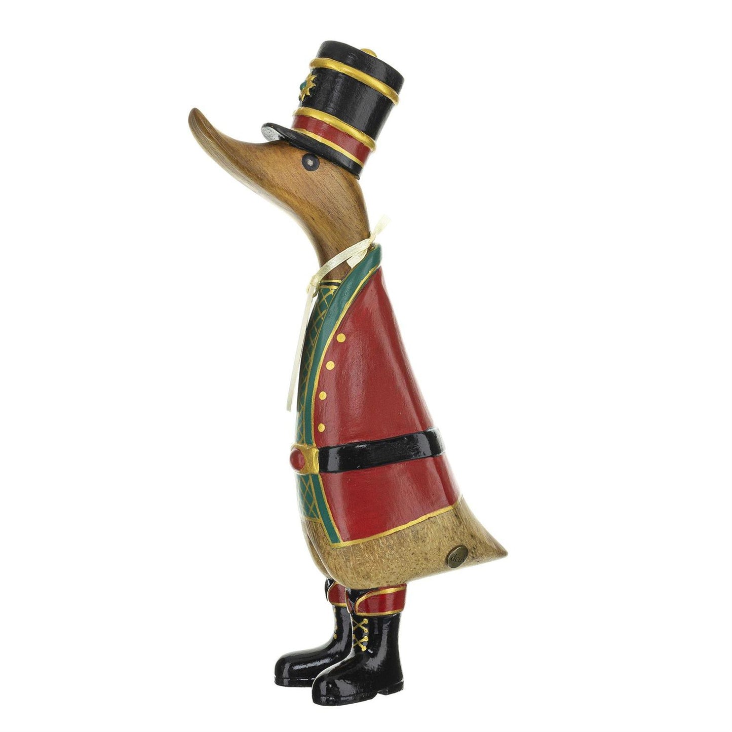 Wooden duck figurine dressed in a red and green Christmas costume on a white background