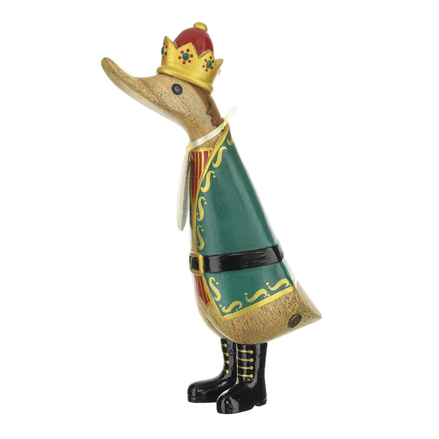 Decorative figurine of a duck in royal Christmas attire with a crown on a white background