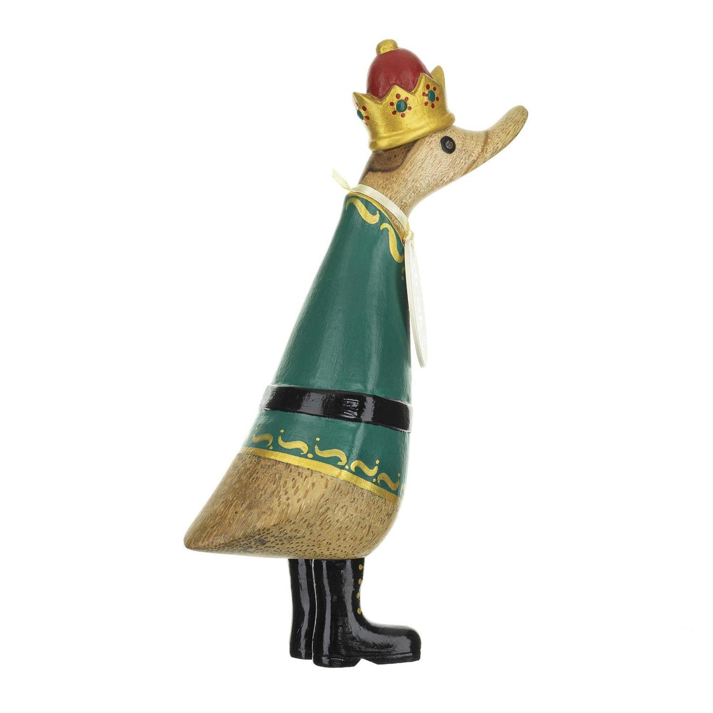 Decorative figurine of a duck wearing a green outfit and gold crown on a white background